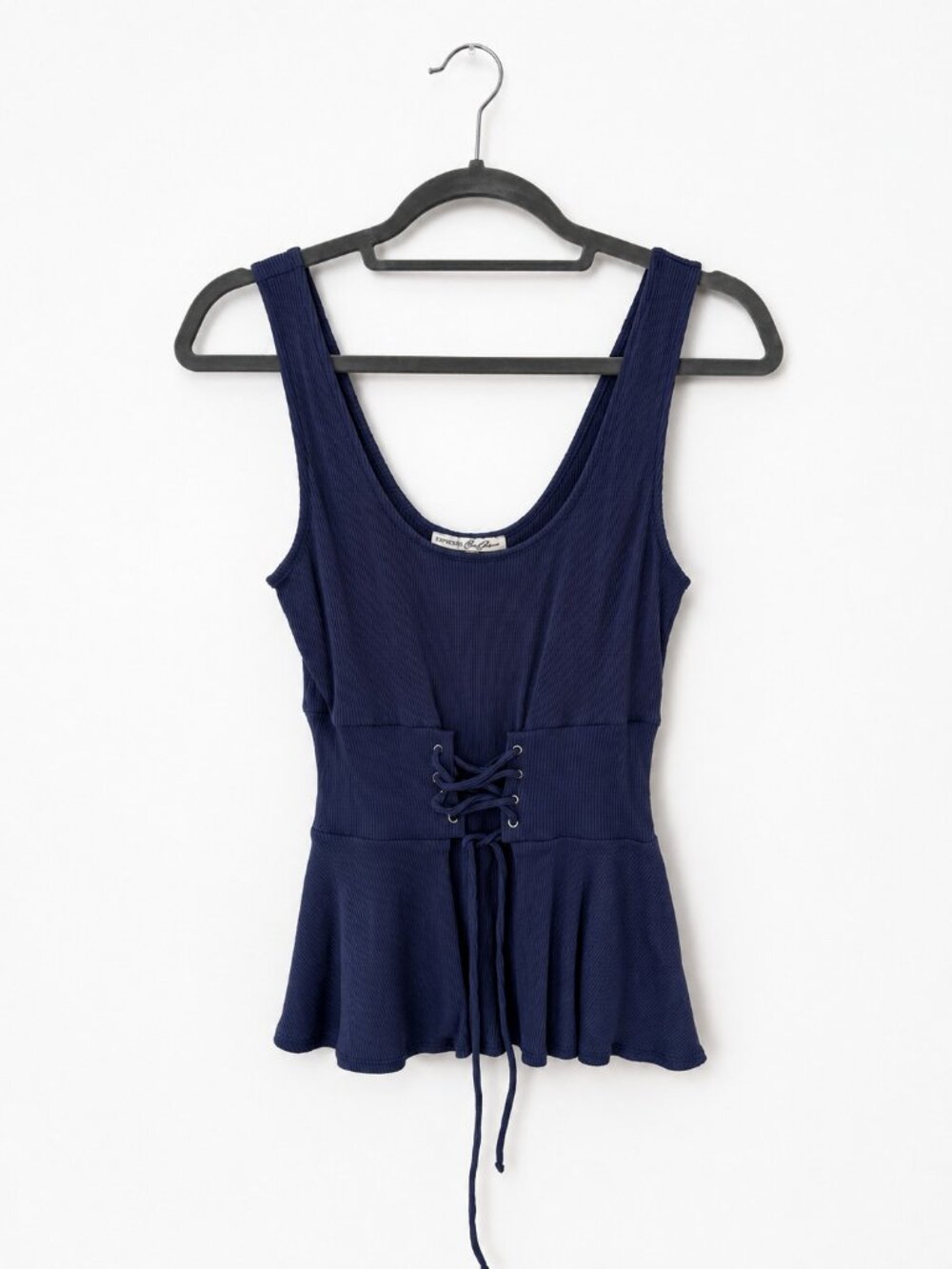 Express One Eleven M Navy Ribbed Lace Up Peplum Tank